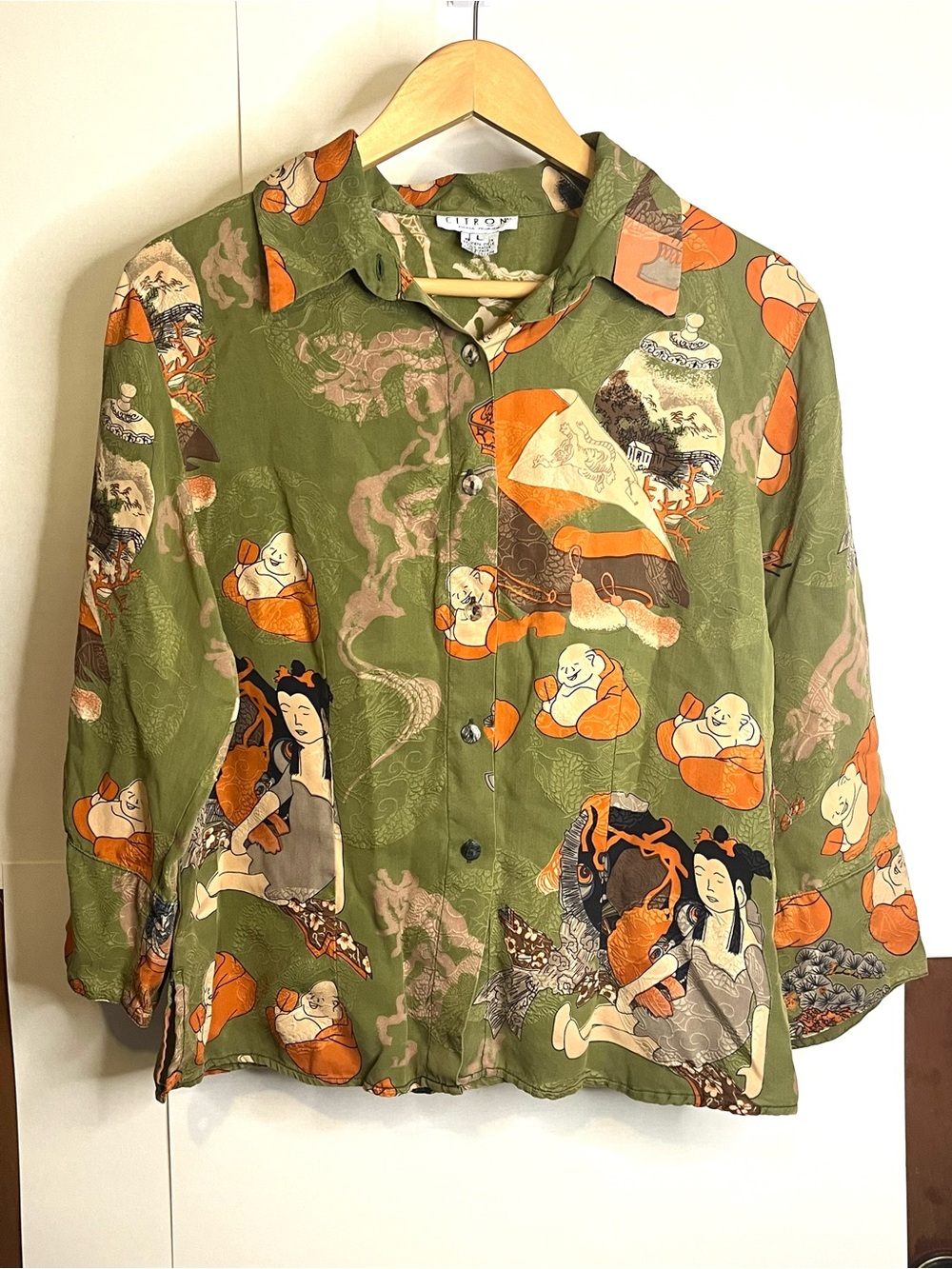 Citron (VTG L, Fits S/M) Olive Green Asian Print Silk Jacquard Button-Up Shirt